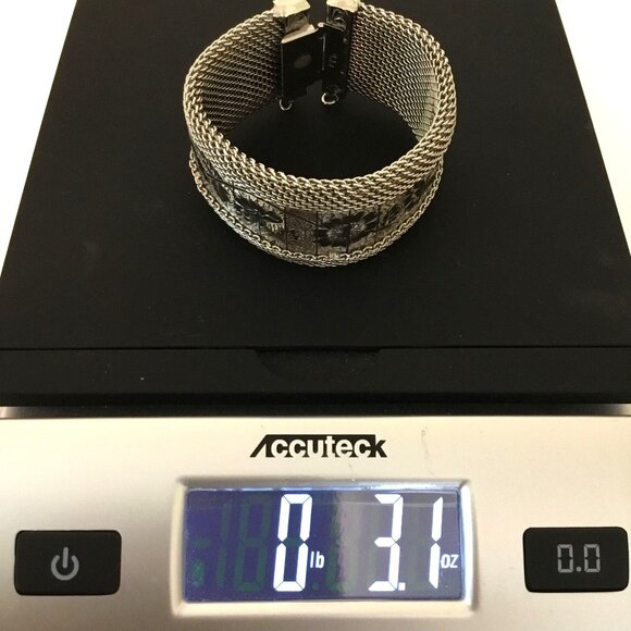 HOBE VTG Signed Wide Floral Etched Mesh Bracelet Silver Tone Statement Art Deco - Picture 11 of 11